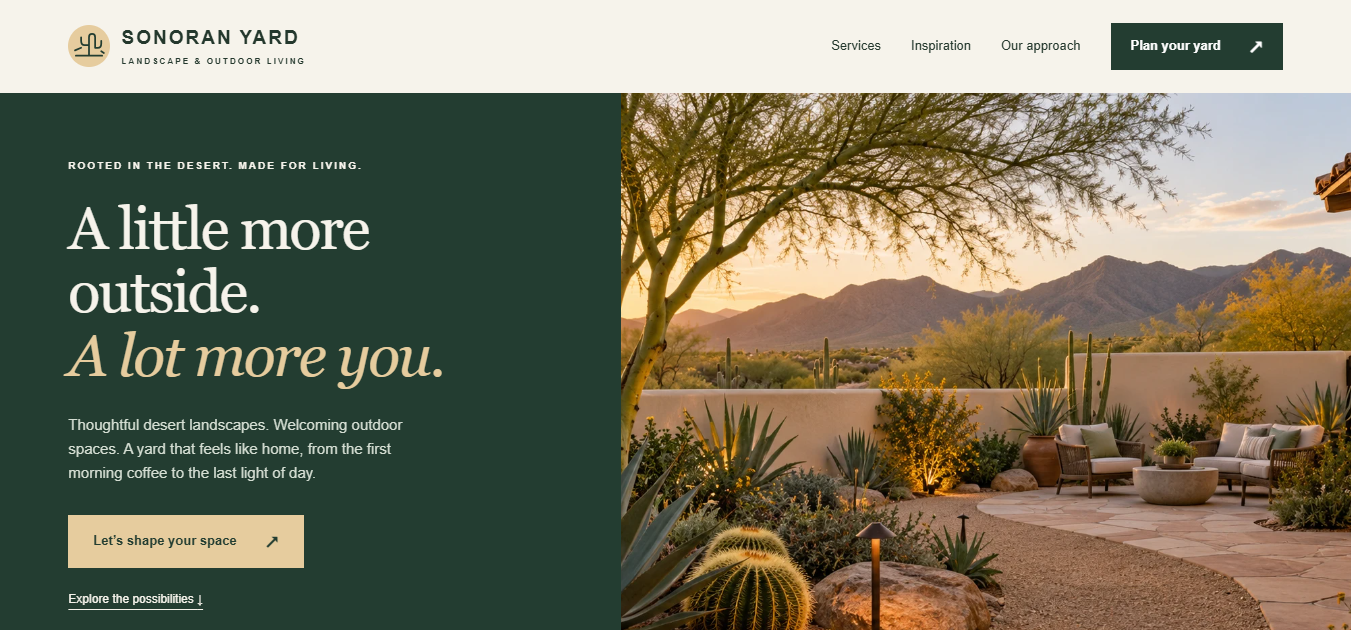 Sonoran Yard landscaping concept website with desert
         imagery and a dark green introduction.